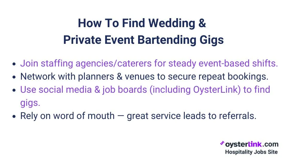 how to find wedding and private event bartending gigs