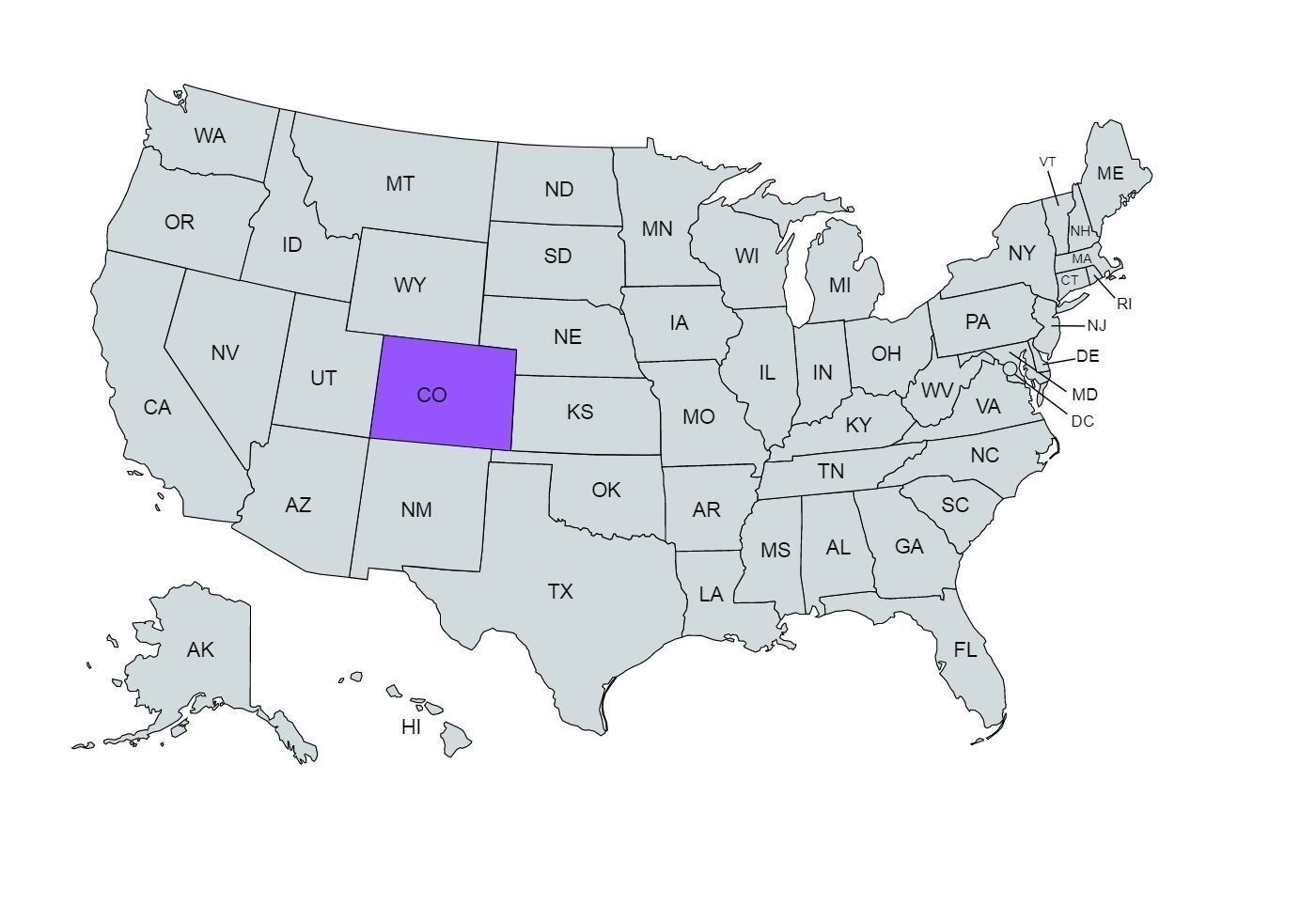 The US map with the Colorado state marked in purple