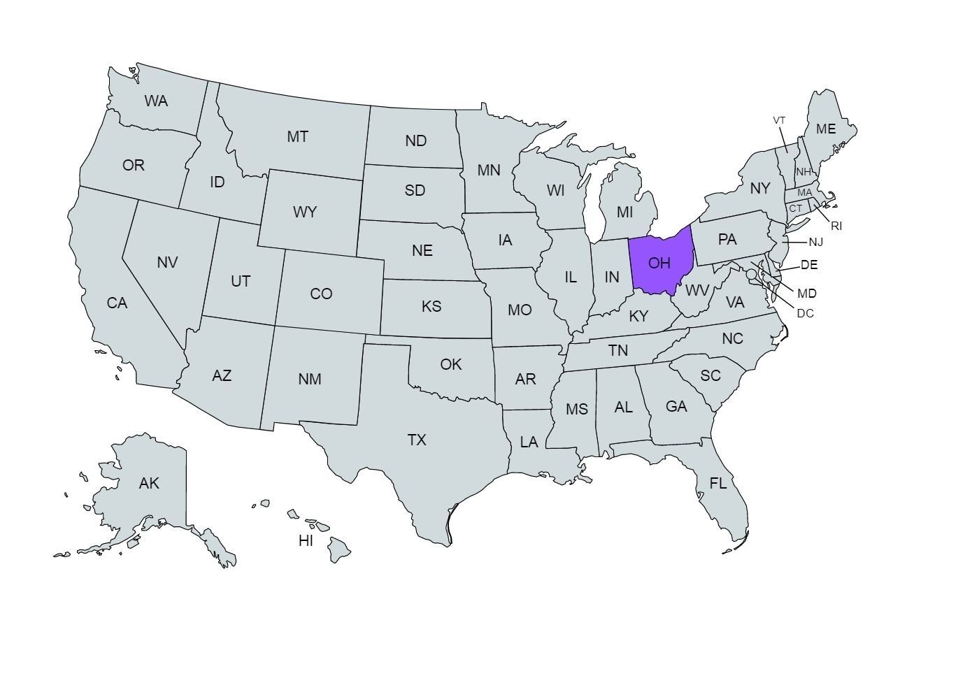 The US map with the Ohio state marked in purple