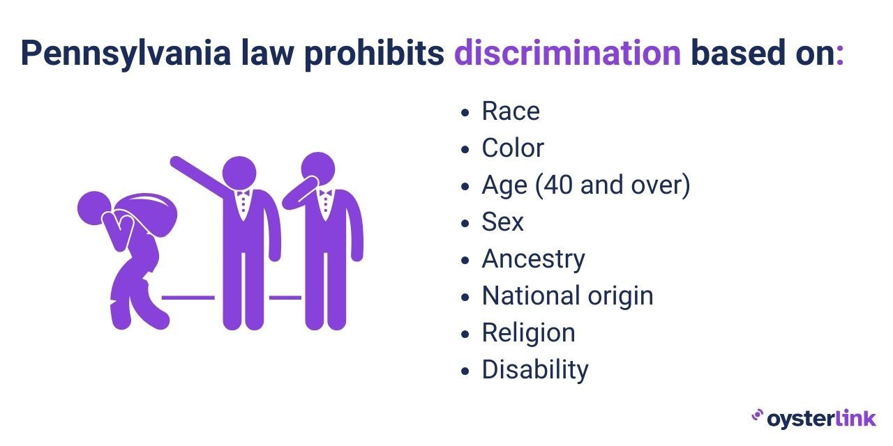 Pennsylvania law prohibits discrimination based on a variety of factors, including: Race Color Age (40 and over) Sex Ancestry National origin Religion Disability 