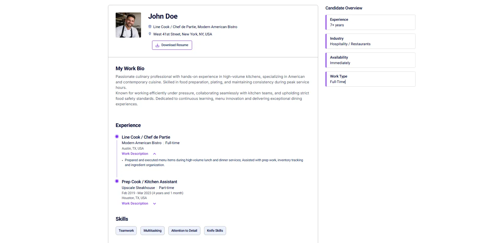 oysterlink chef resume example