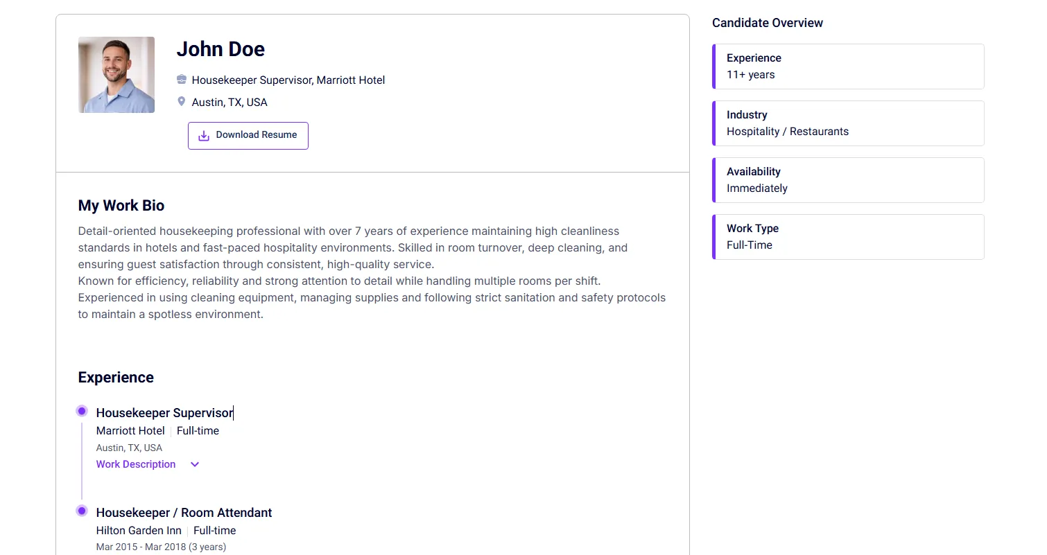 oysterlink housekeeper resume example