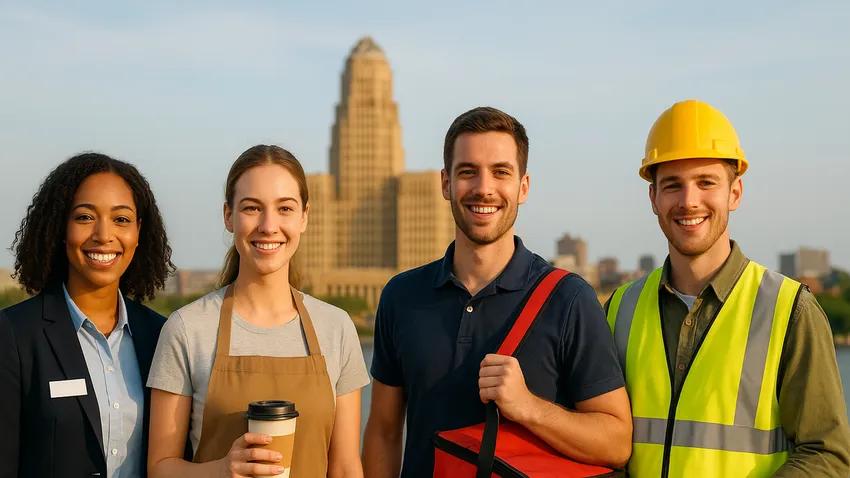 Buffalo skyline with hospitality workers