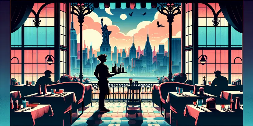 Busser clearing table in New York City restaurant