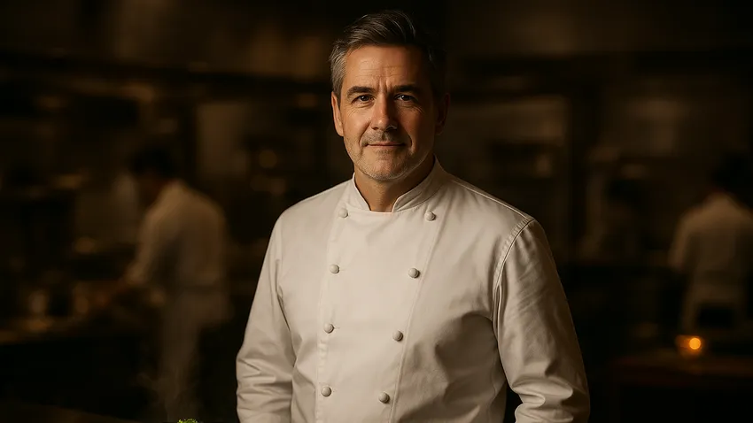 Heinz Beck portrait with culinary creations