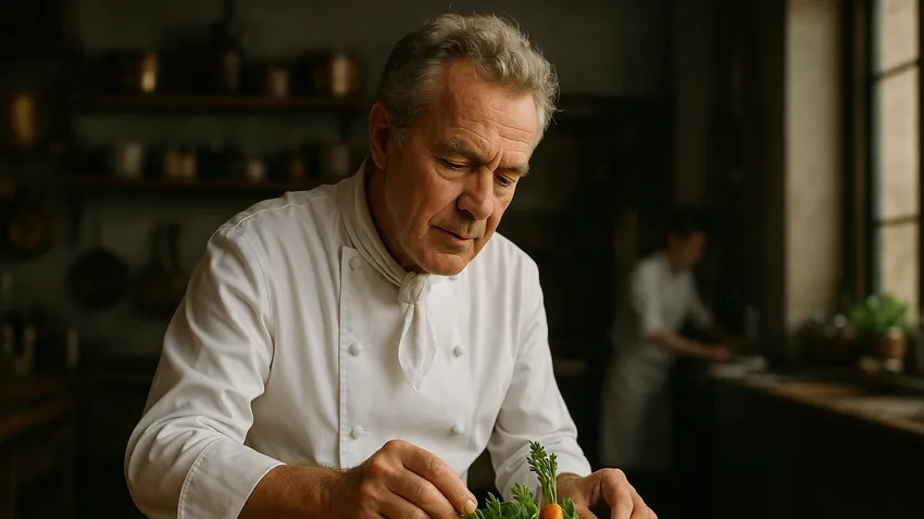 Alain Passard portrait with fresh garden vegetables