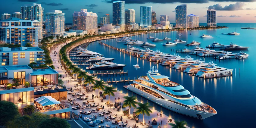 Luxury waterfront restaurant dining room in Miami with elegant tables set for upscale clients