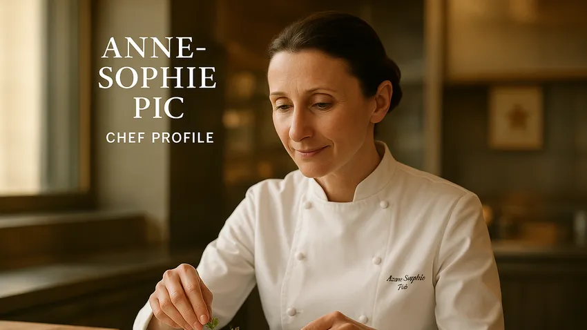Anne-Sophie Pic portrait in professional kitchen