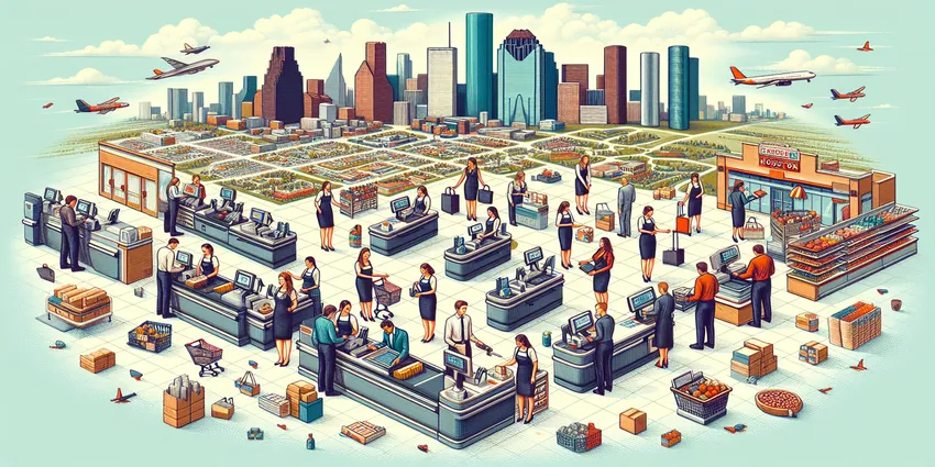 Cashier helping customer at register in Houston store