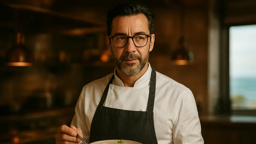 Portrait of Spanish chef Quique Dacosta in his kitchen