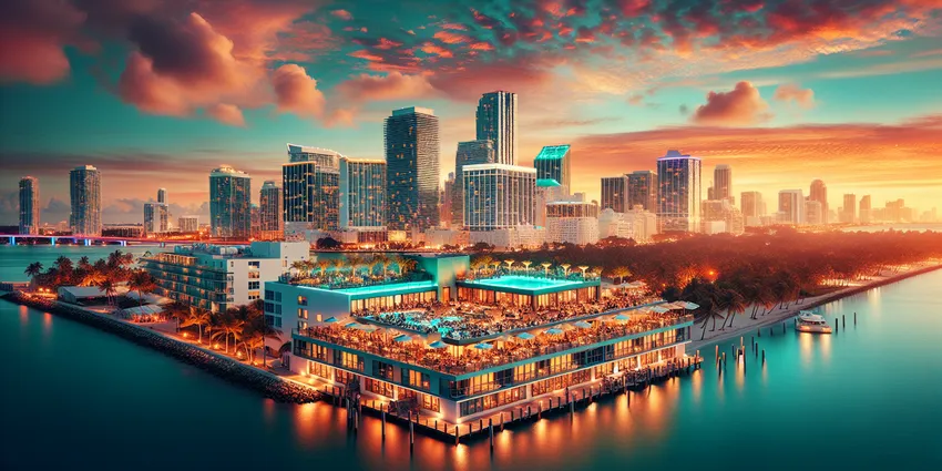 Miami rooftop bar cityscape