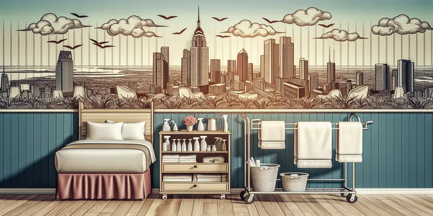 Hotel staff cleaning room with housekeeping supplies