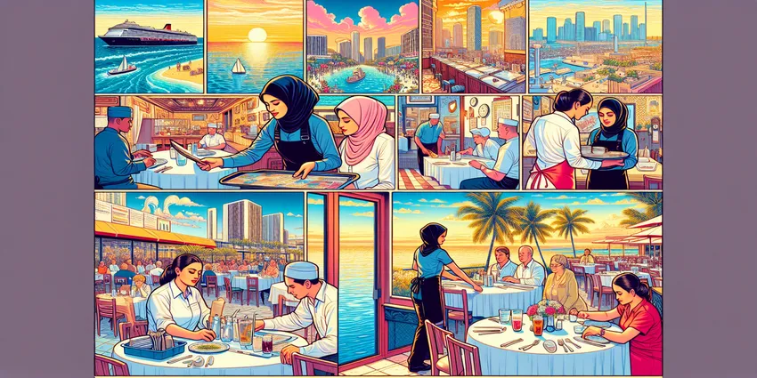 Busser cleaning tables in a busy Miami restaurant