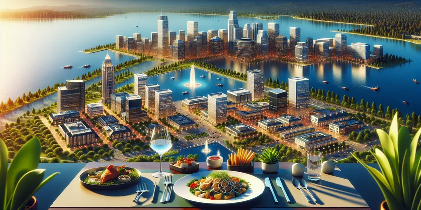 Michelin star restaurant exterior with city skyline