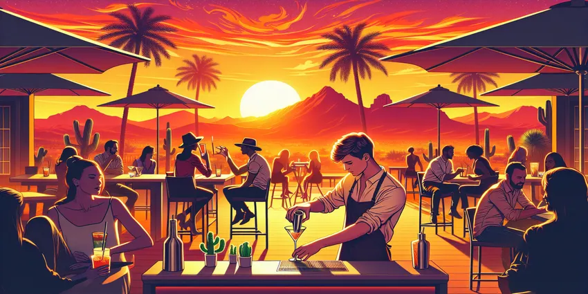 Bartender serving drinks at a busy Phoenix bar
