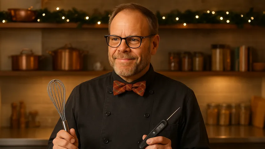 Alton Brown chef portrait with cooking utensils