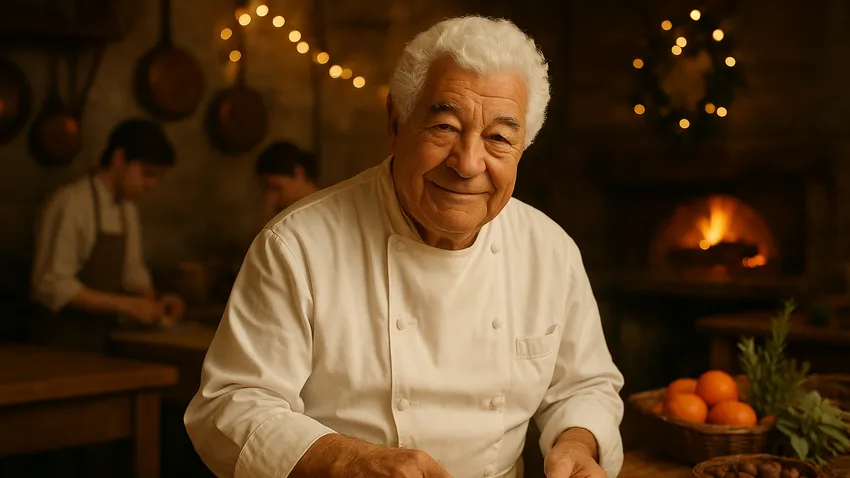 Antonio Carluccio portrait with Italian dishes