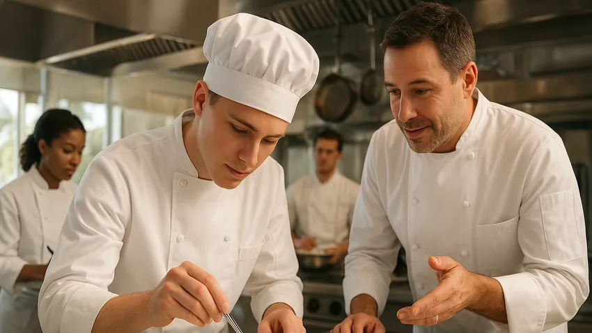 Culinary student cooking with fresh ingredients