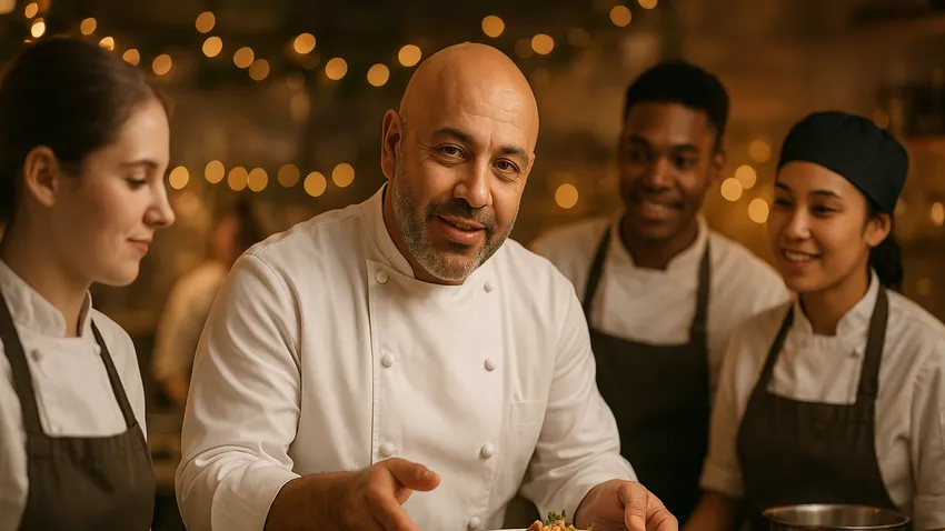 Sat Bains portrait in kitchen