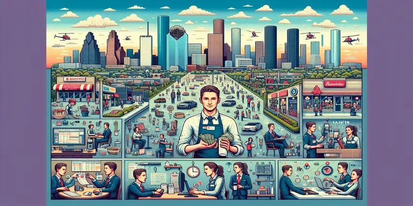 Cashier helping customer at checkout in Houston retail store