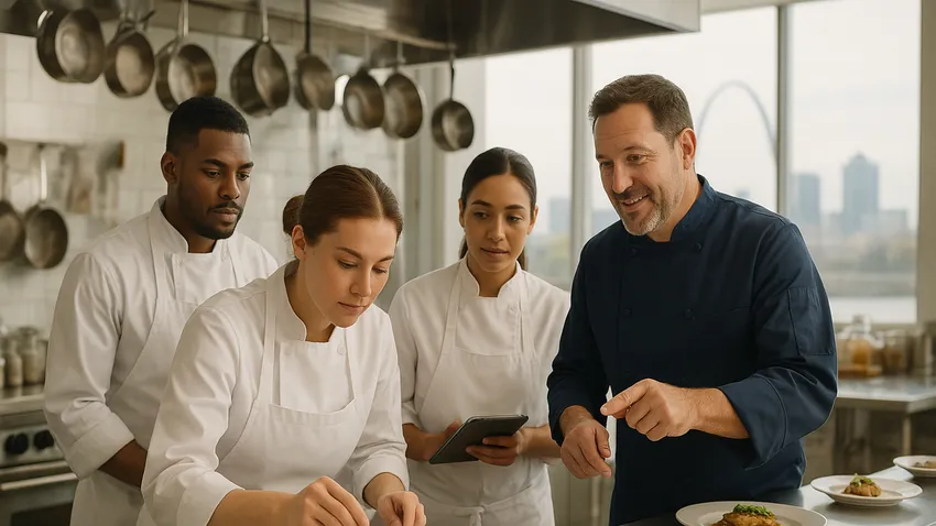 Culinary students learning in kitchen at St. Louis school
