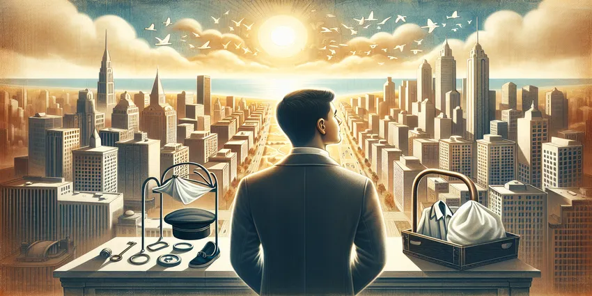 bellhop carrying luggage in hotel lobby