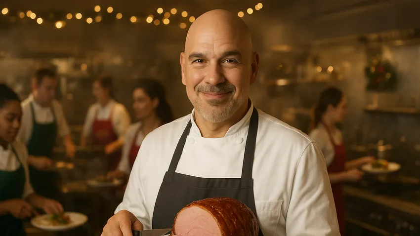 Michael Symon portrait cooking in kitchen