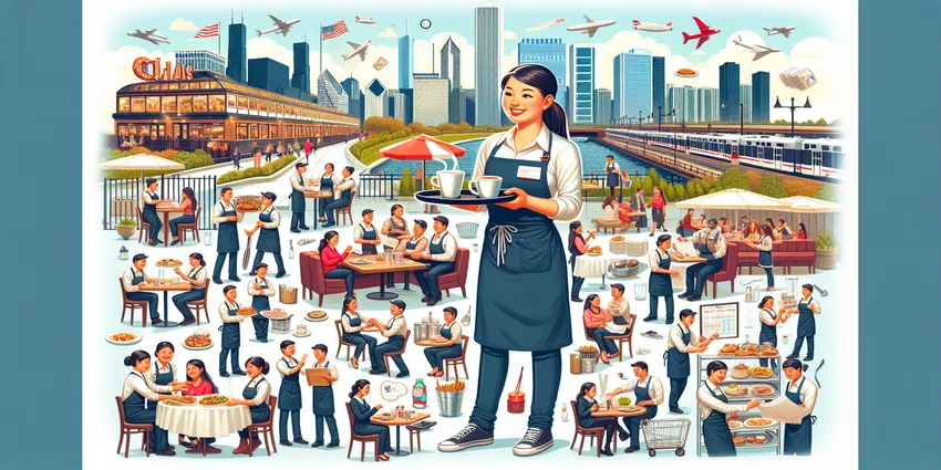 Waitress serving customers in Chicago restaurant