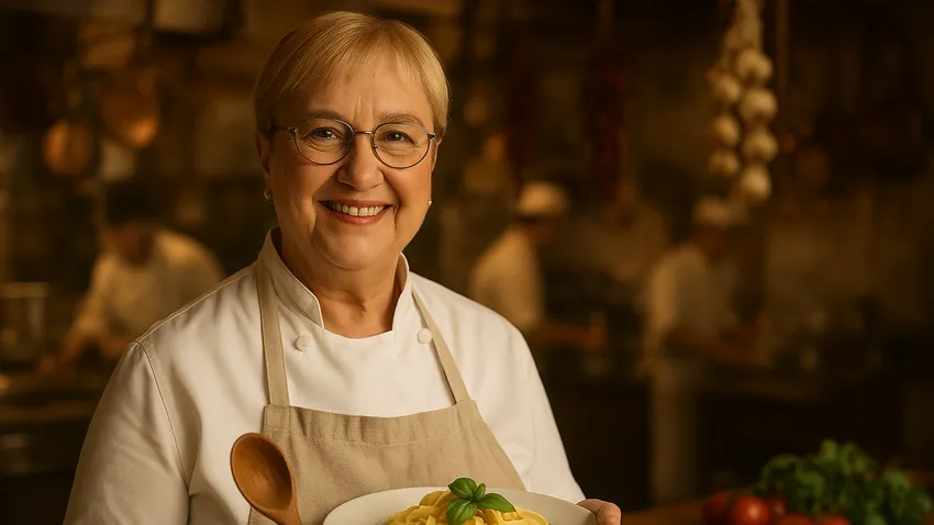 Lidia Bastianich portrait smiling in kitchen
