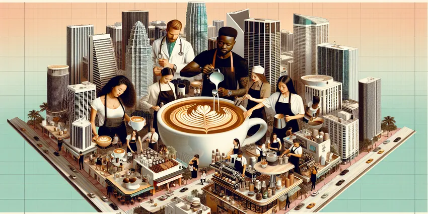 Interior of a busy Miami coffee shop with Baristas at work