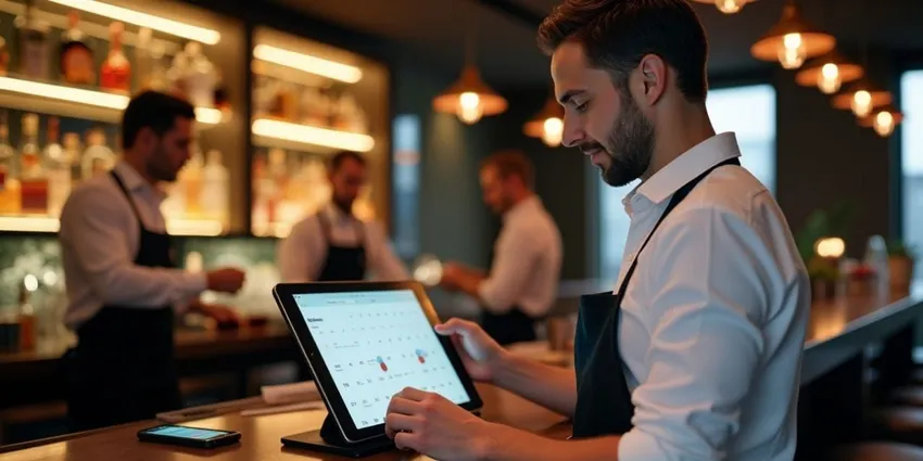 bartender typing on a tablet