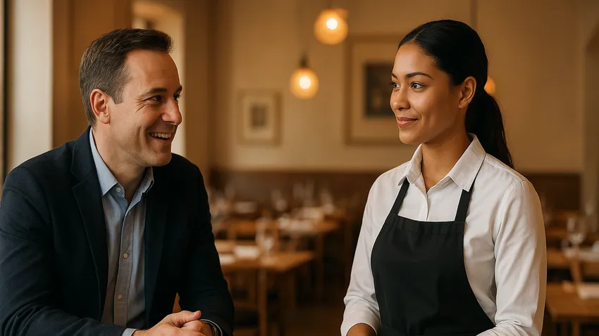 Waiter and waitress serving food in a restaurant