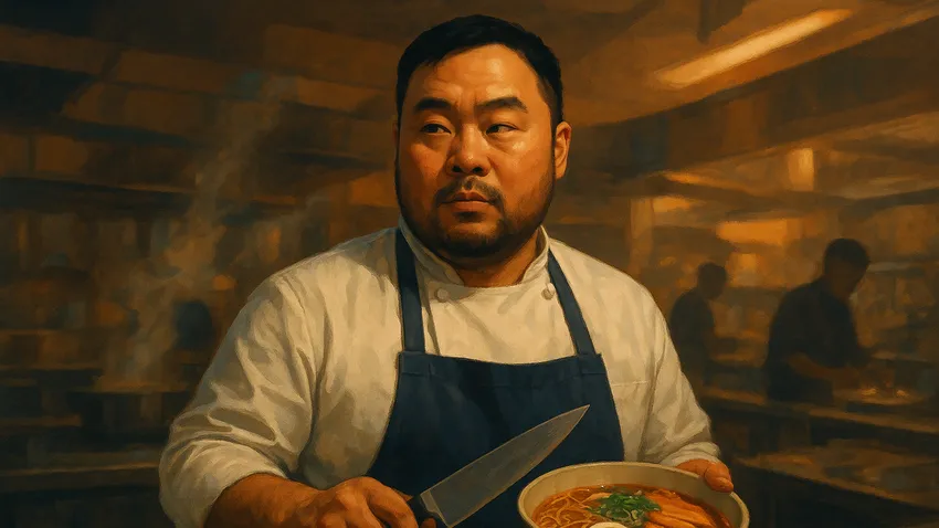 David Chang portrait with Momofuku restaurant backdrop