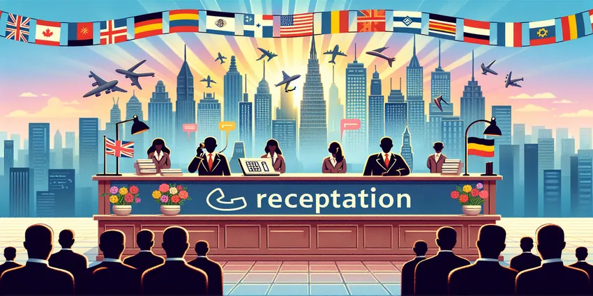 Bilingual receptionists greeting diverse customers at a front desk