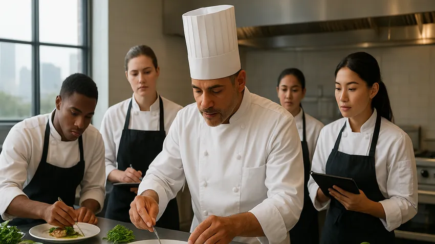 Culinary students working in kitchen