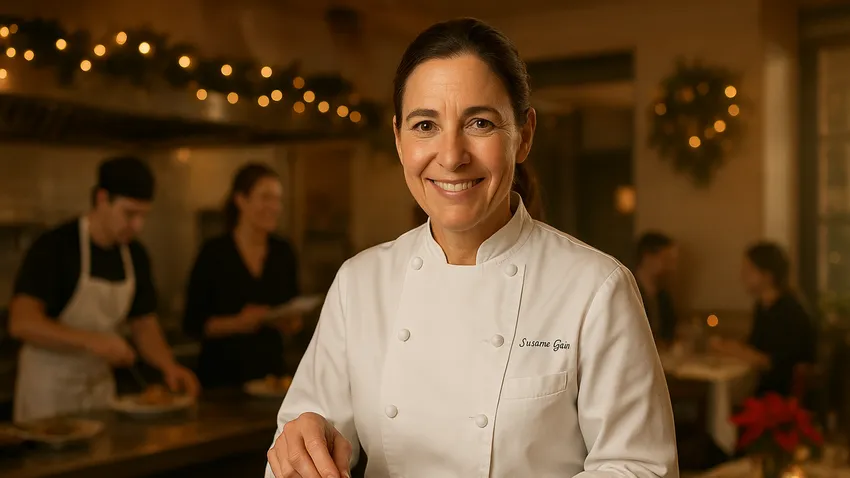 Suzanne Goin portrait in professional kitchen