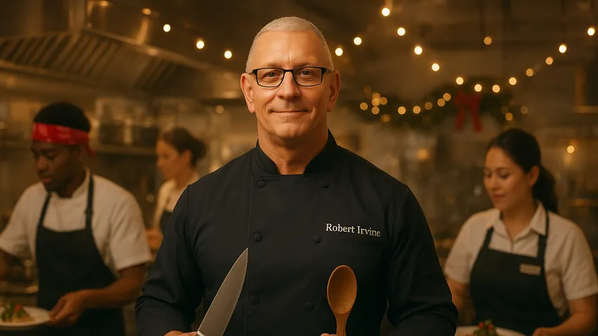 Robert Irvine cooking in studio kitchen