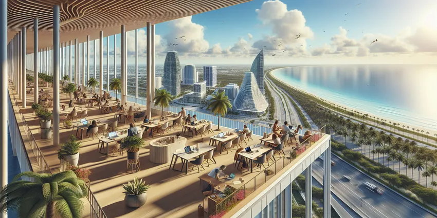 professional working in a Miami lounge with coffee and laptop