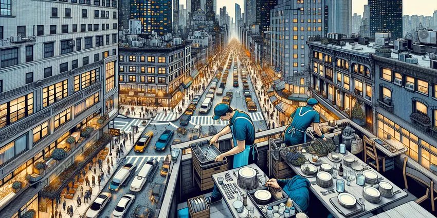 Busser cleaning table in a New York City restaurant