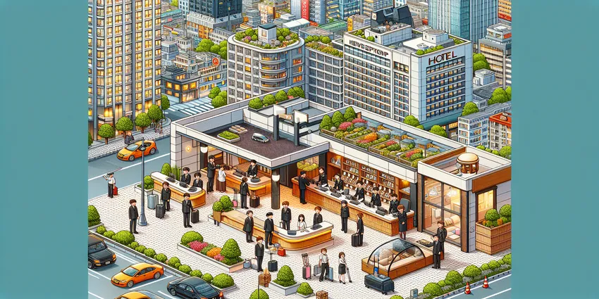 Hotel front desk agent greeting guests at reception