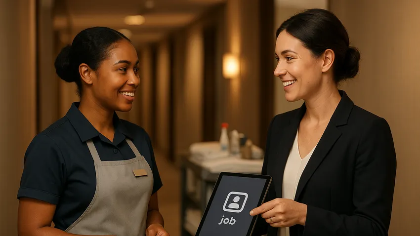 Housekeeper cleaning hotel room