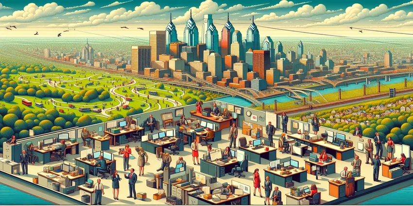 Receptionist working at a front desk in Philadelphia office