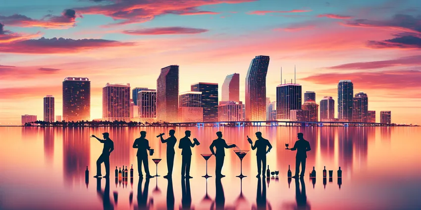 Leading Miami bartenders mixing cocktails behind a vibrant city bar