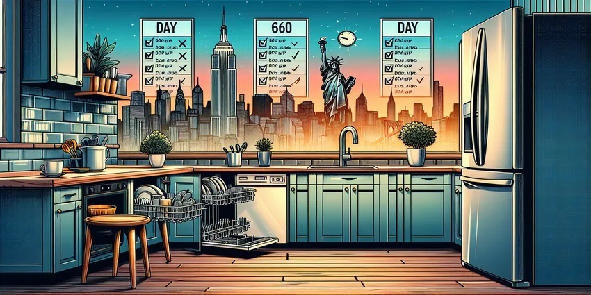 Dishwasher with cutting board in NYC restaurant kitchen