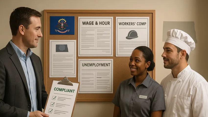 North Dakota labor law posters displayed on wall
