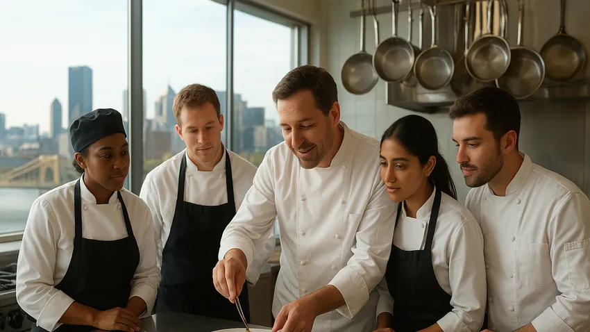 Culinary students learning techniques in a kitchen