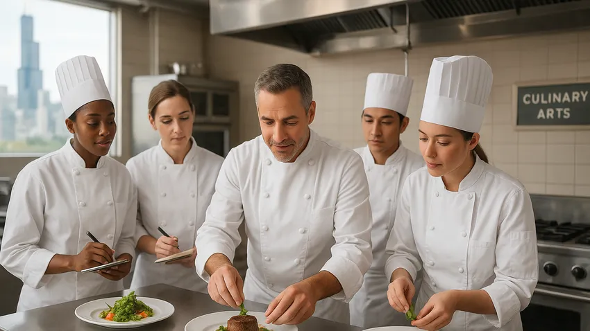 Culinary students learning in a professional kitchen in Illinois
