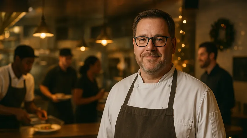 Chris Shepherd smiling in chef's whites