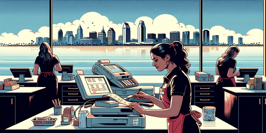 Cashier working at register in San Diego store