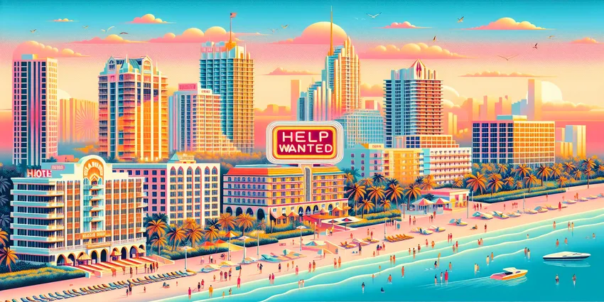 Lobby of a luxury hotel in Miami Beach filled with guests and staff